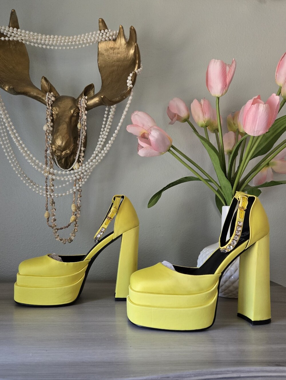 Yellow Platform Mary Jane High Heels with Embellished Strap